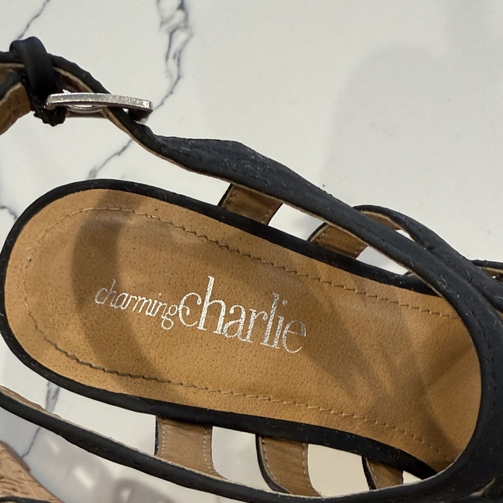 Charming Charlie Black and Tan Wedge Sandals - Picture 2 of 3